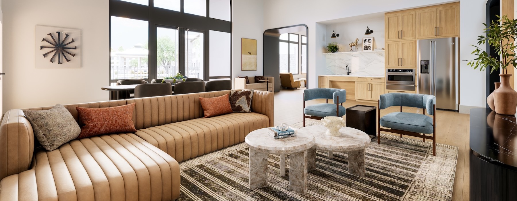 a clubroom with a couch, chairs and a coffee table