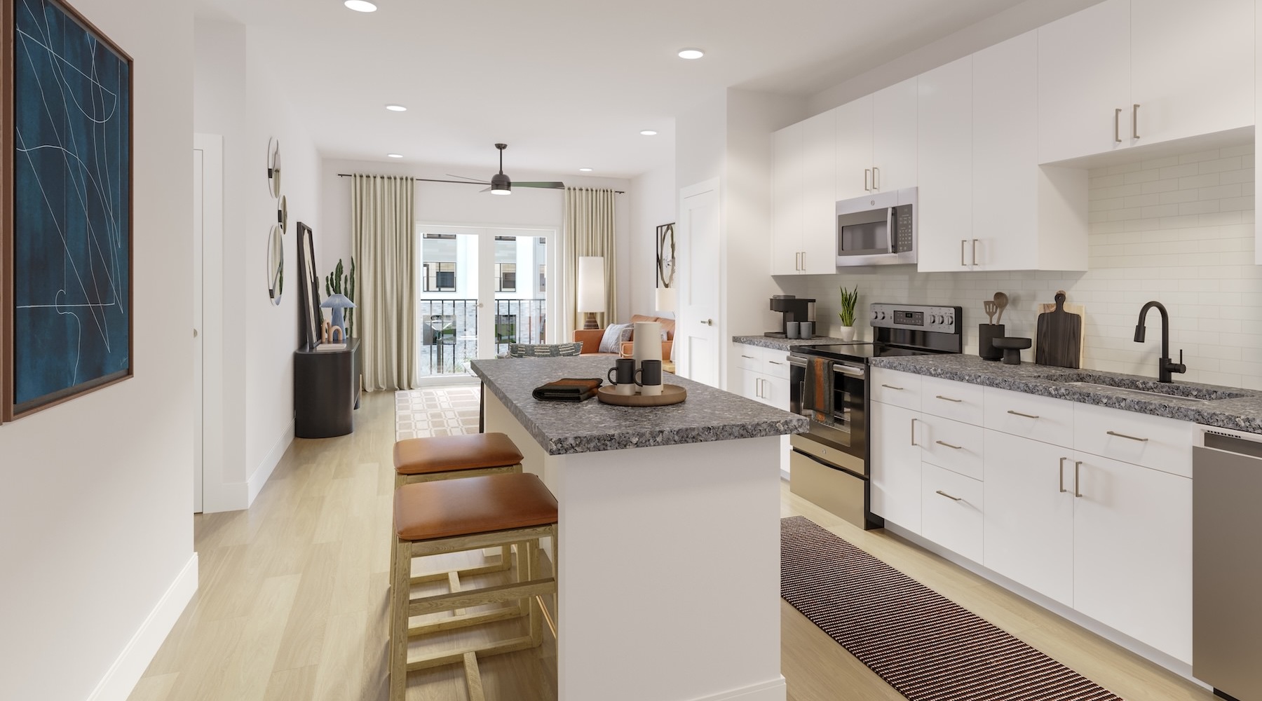 a kitchen with white cabinets