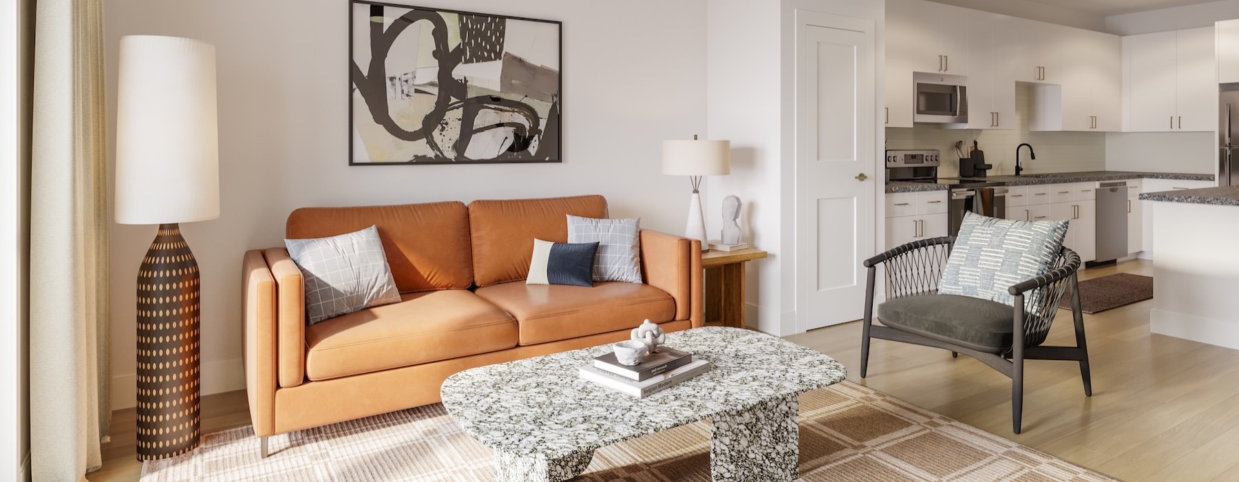 a living room with a couch and a table