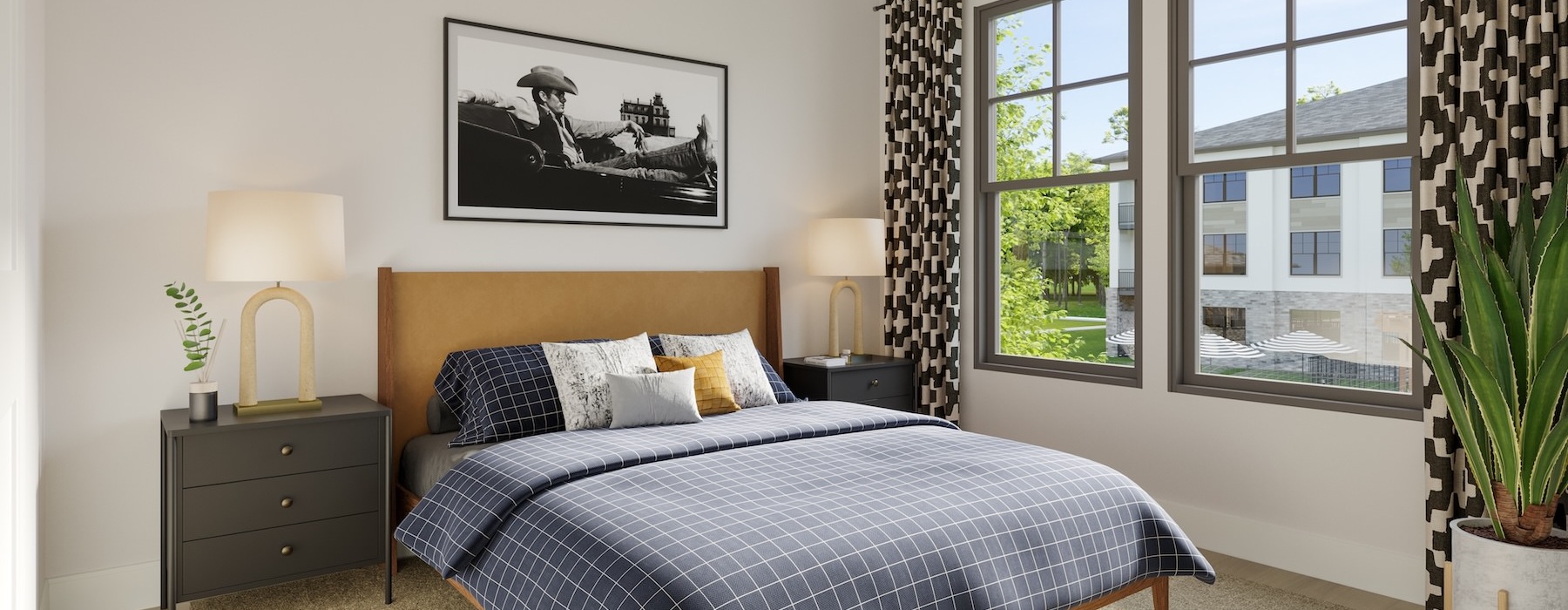 a bedroom with a bed and two nightstands