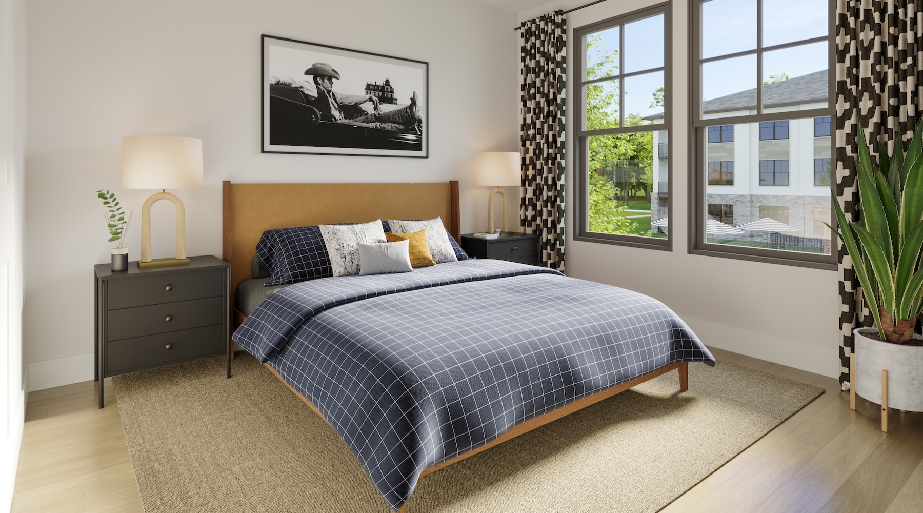 a bedroom with a bed and two nightstands