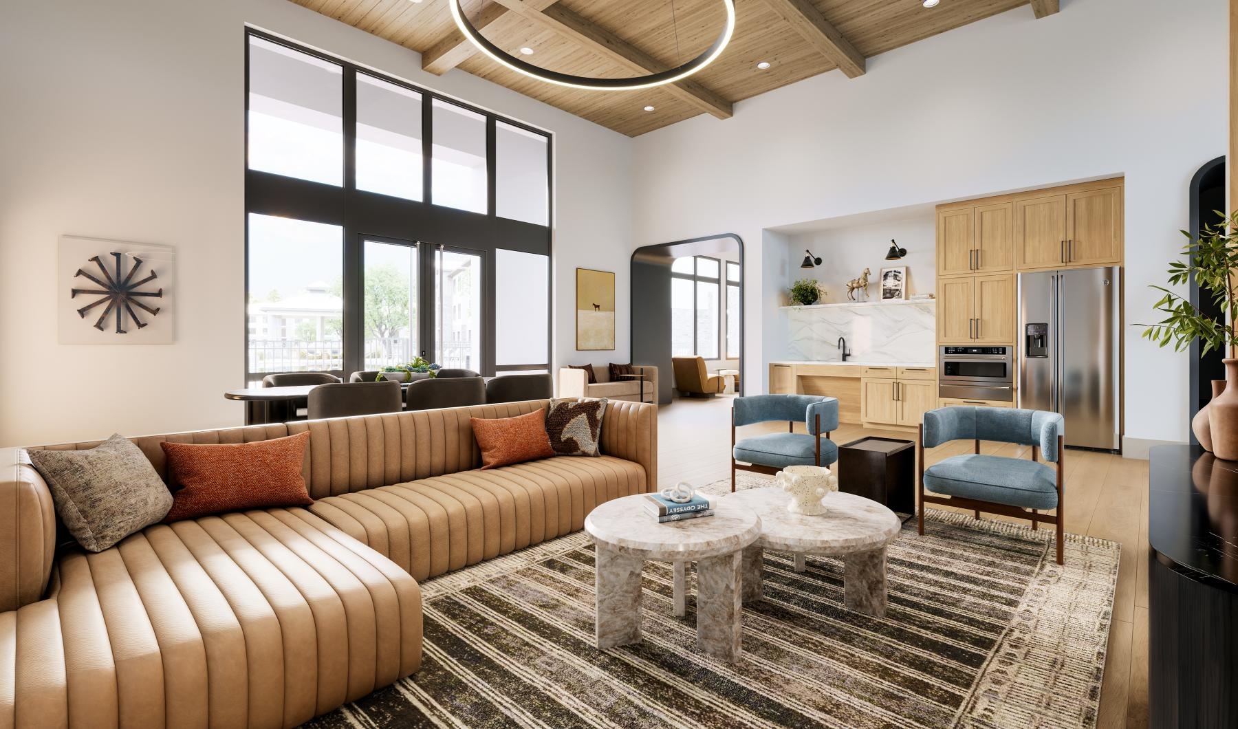 a clubroom with a couch, chairs and a coffee table