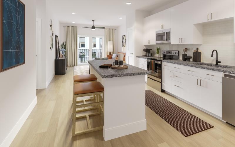 a kitchen with a large island